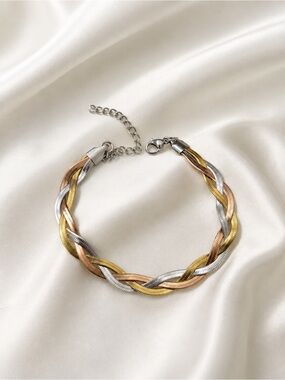 18k Gold Plated Tri-Tone Braided Women's Bracelet - Gold, Rose Gold & Silver